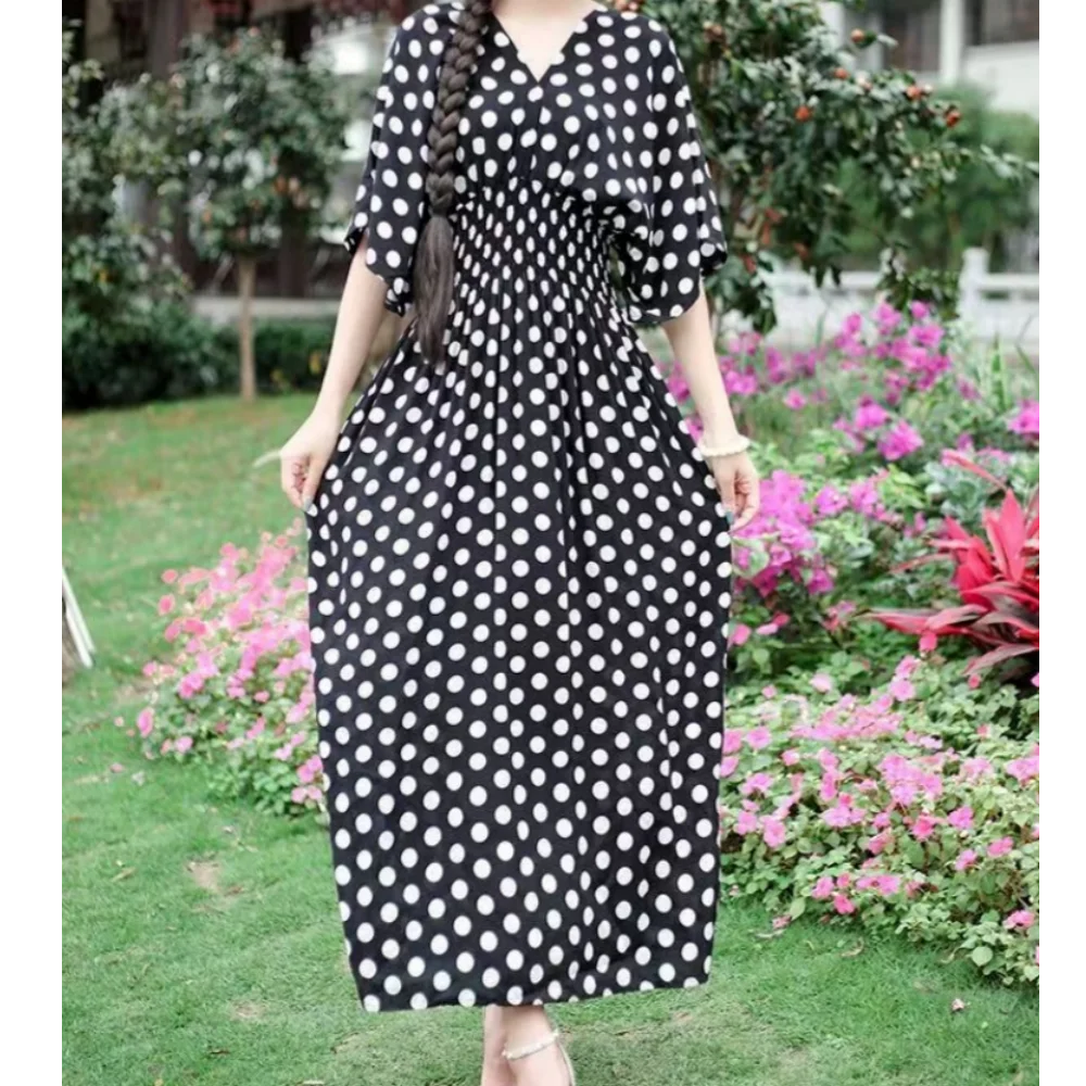 Print Batwing Sleeve Elastic High Waist Dress