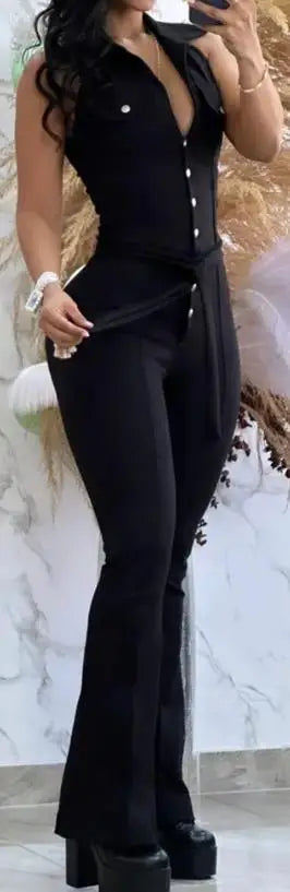 Sleeveless Sexy Plain Tied Detail Skinny Long Flared Jumpsuit