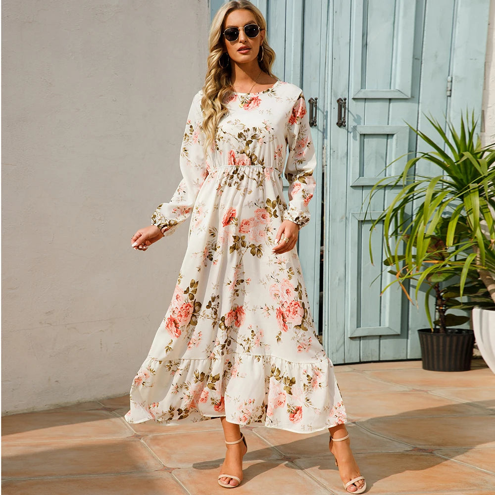 Bohemian Women Maxi Long Sleeve High Waist Beach Dress