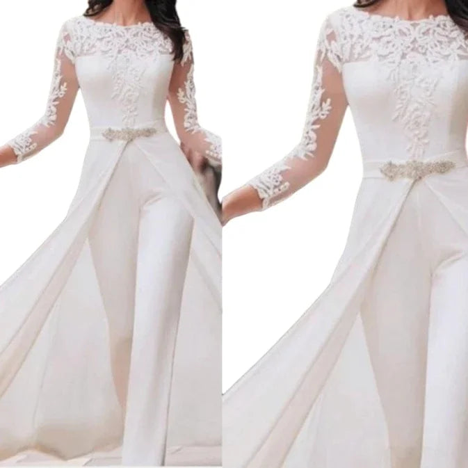 Lace Work High Waist Cloak Pencil Pants White Slim Jumpsuits Dress