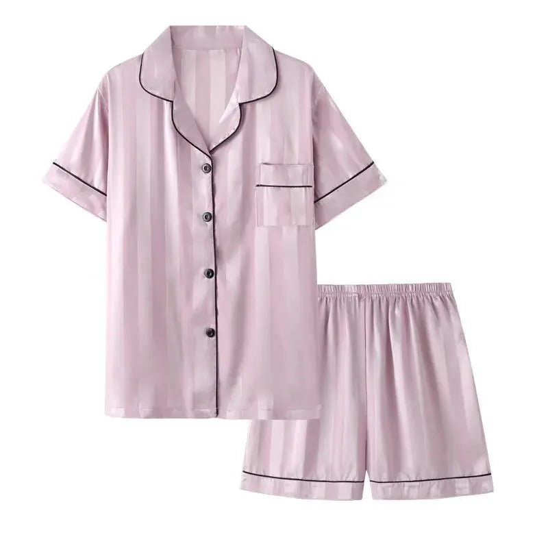 Women's Elegant Satin Striped Button Up Lounge Set