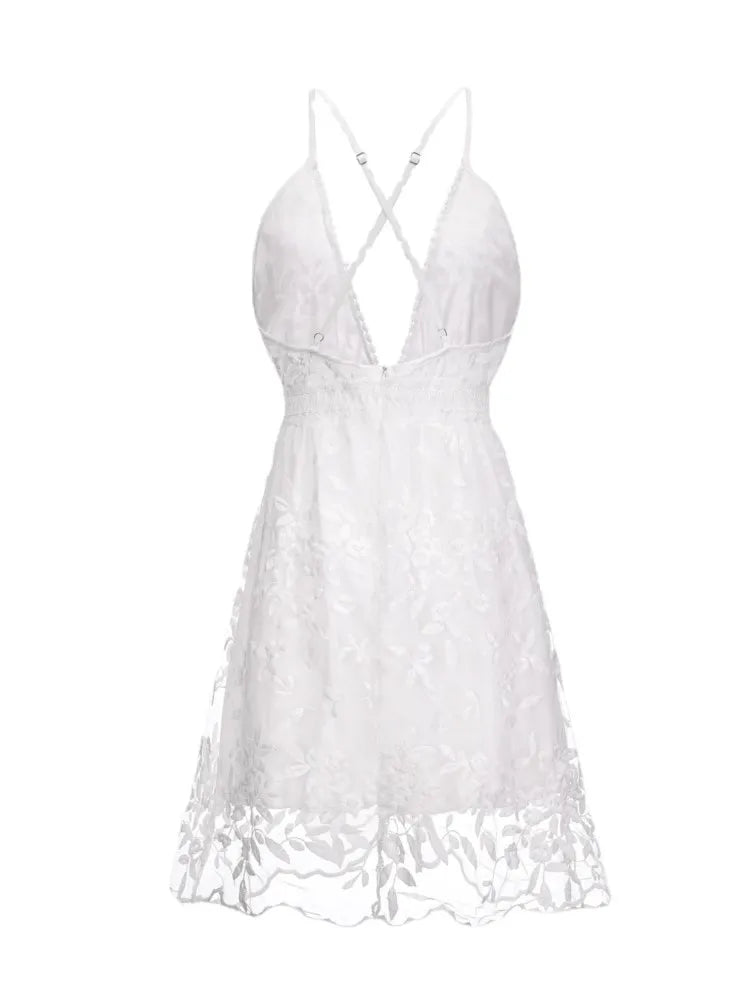 Spaghetti Strap White Embroidery Mesh Dress