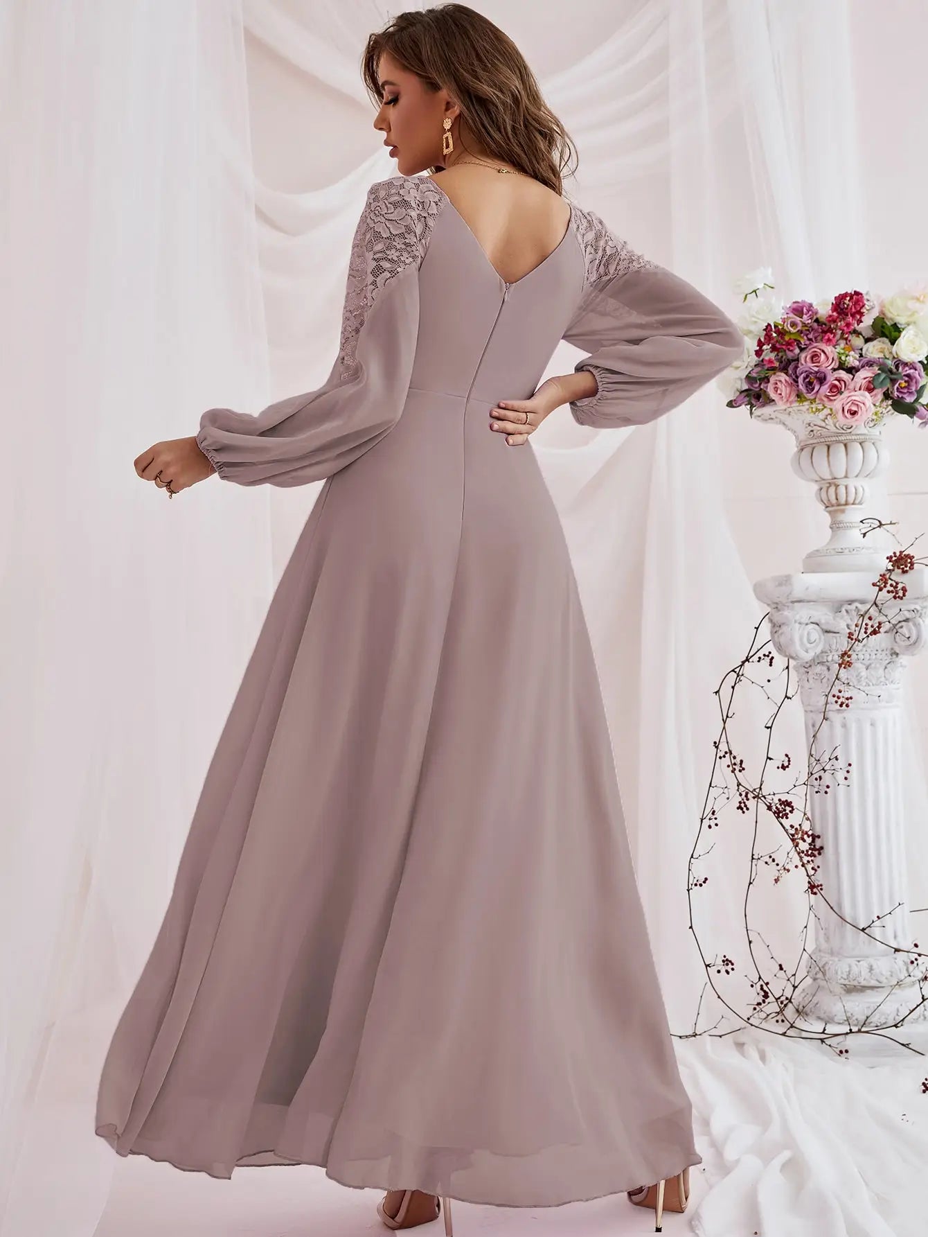 Long lantern sleeve chiffon lace patchwork dress