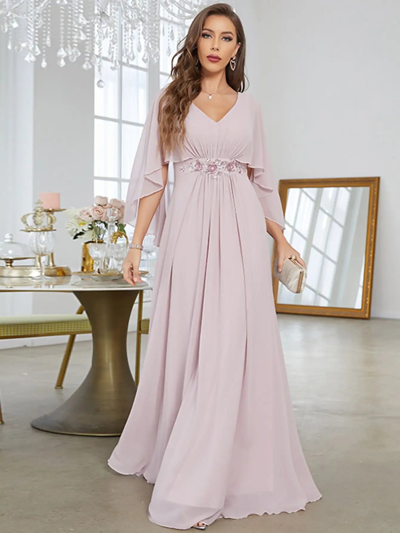 Flared sleeve sequin machine embroidered applique dress