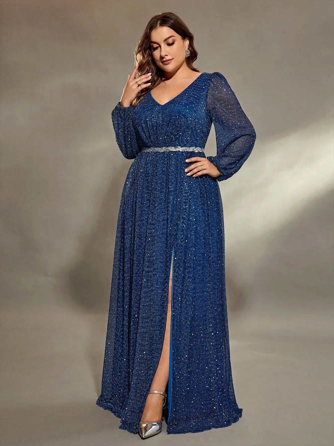 Plus size lantern sleeve sequins webbing net Evening gown