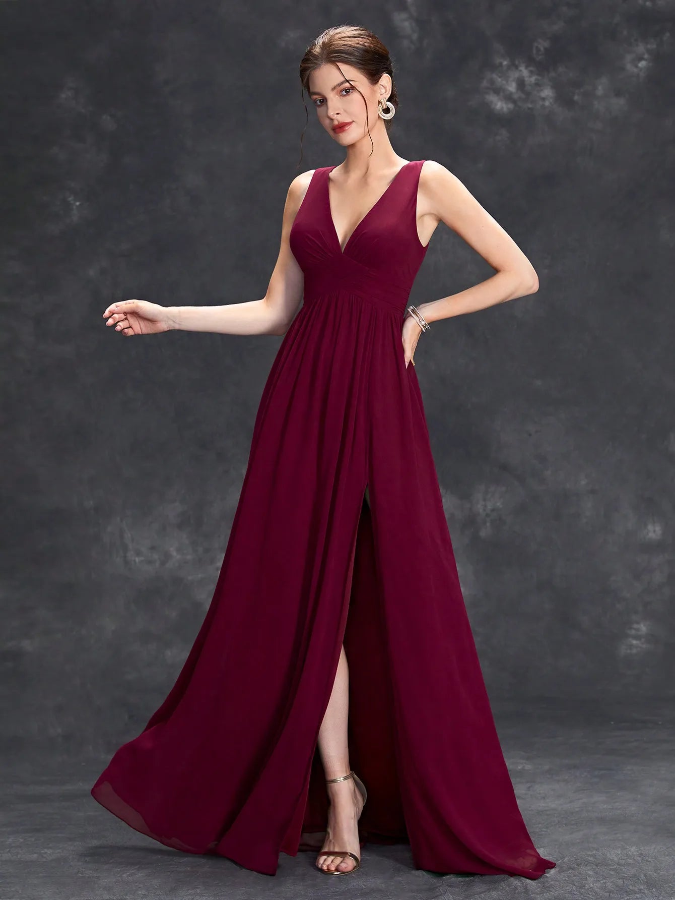 V-neck asymmetrical maroon pleats dress