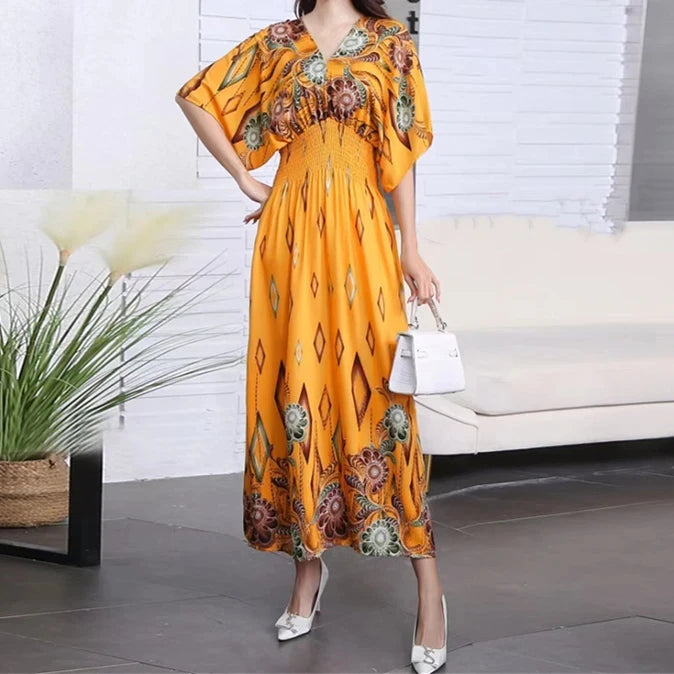 Print Batwing Sleeve Elastic High Waist Dress