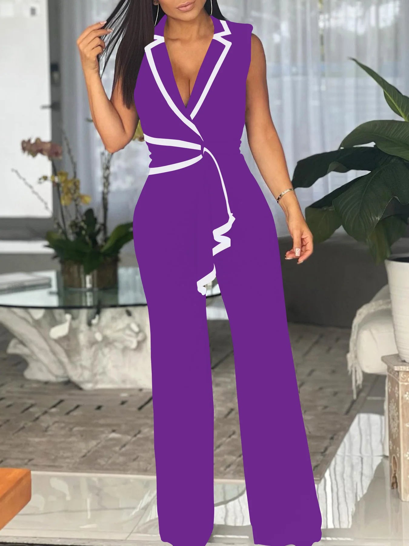 Striped Splicing Notched Collar Wide Leg Jumpsuits
