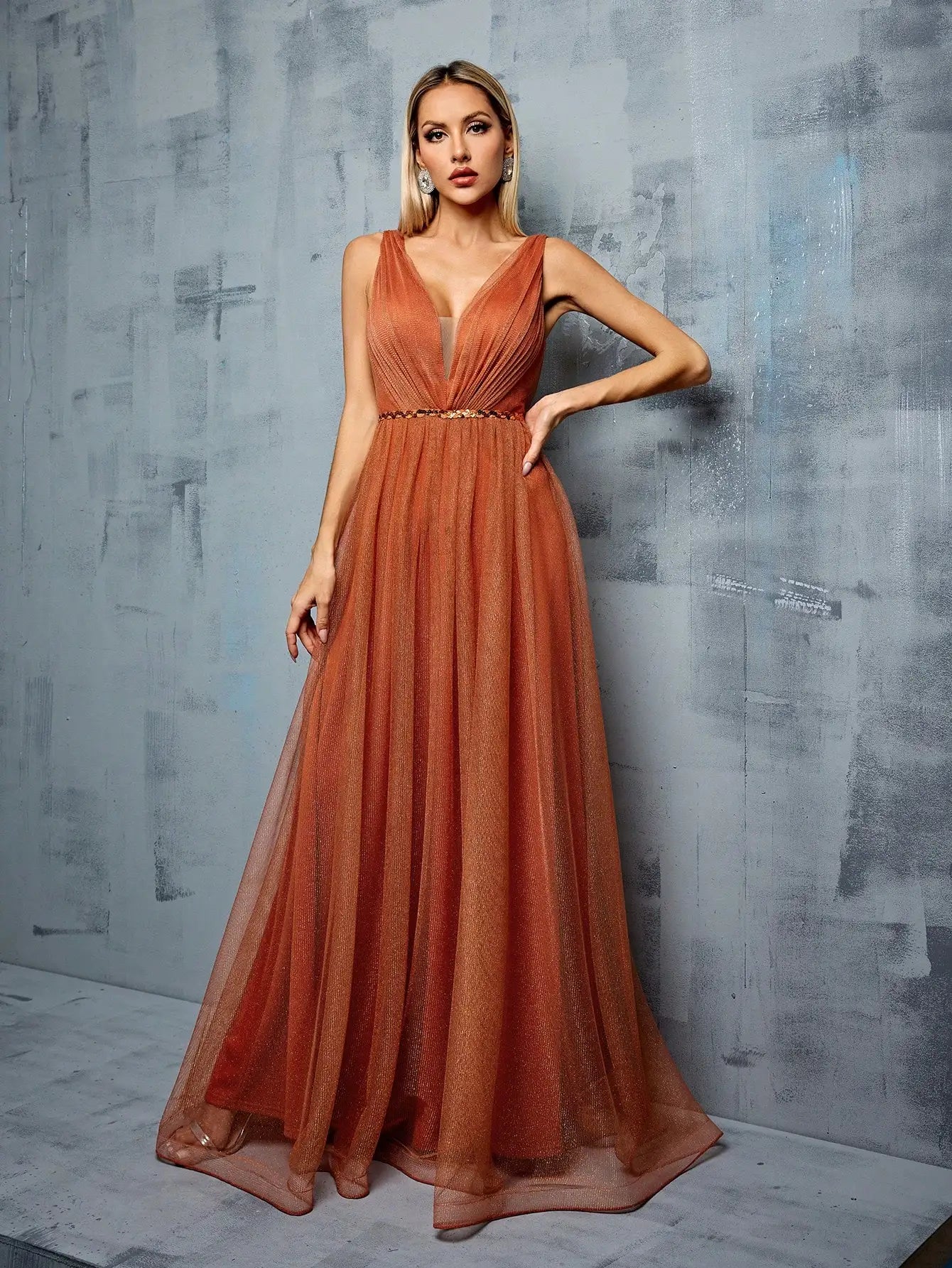Metal mesh retraction splice sequin webbing long Evening gown