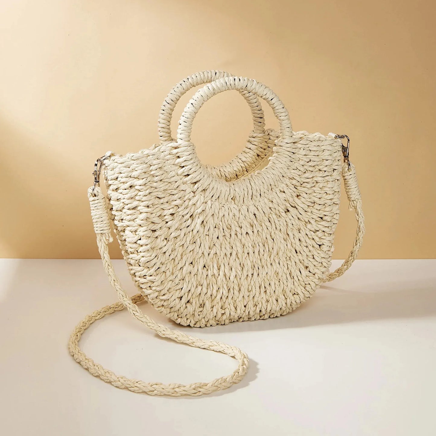 Handwoven Straw Rattan Half-Moon Beach Handbag