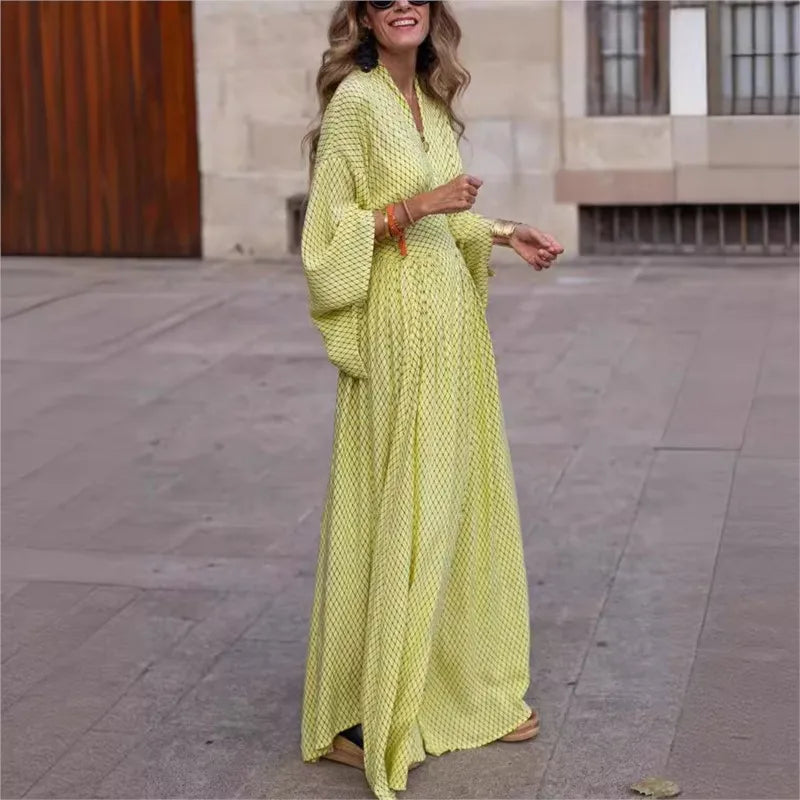 V-neck Folds Waist Loose Maxi Dress