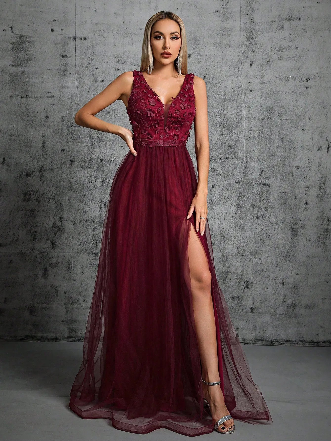 3d sequin embroidered mesh evening gown