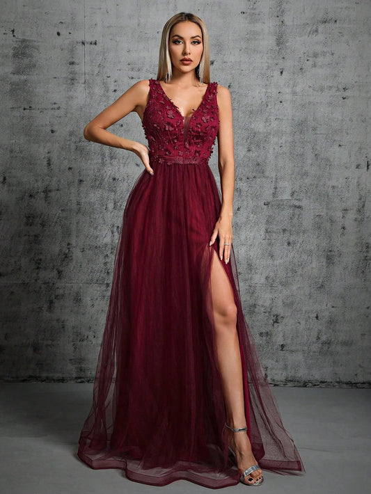 3d sequin embroidered mesh evening gown