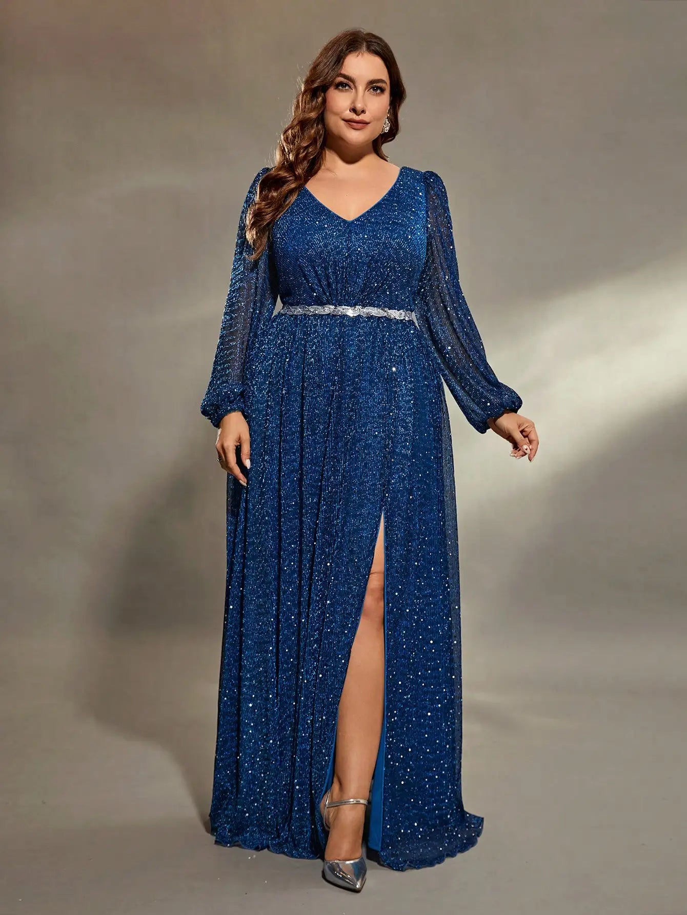 Plus size lantern sleeve sequins webbing net Evening gown