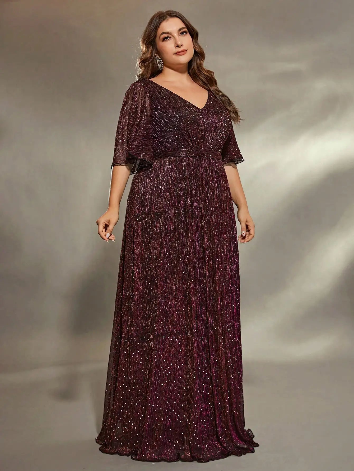 Plus size Mid sleeve Maroon sequins Evening gown