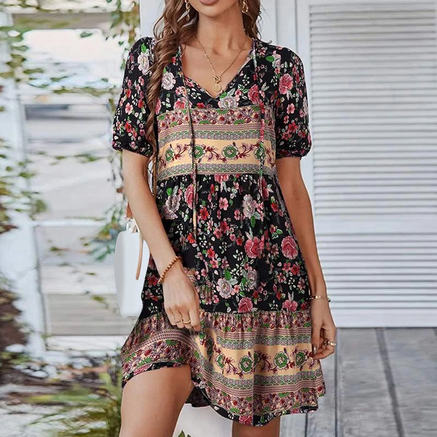 Womens Boho Floral Print Tie Up Dress