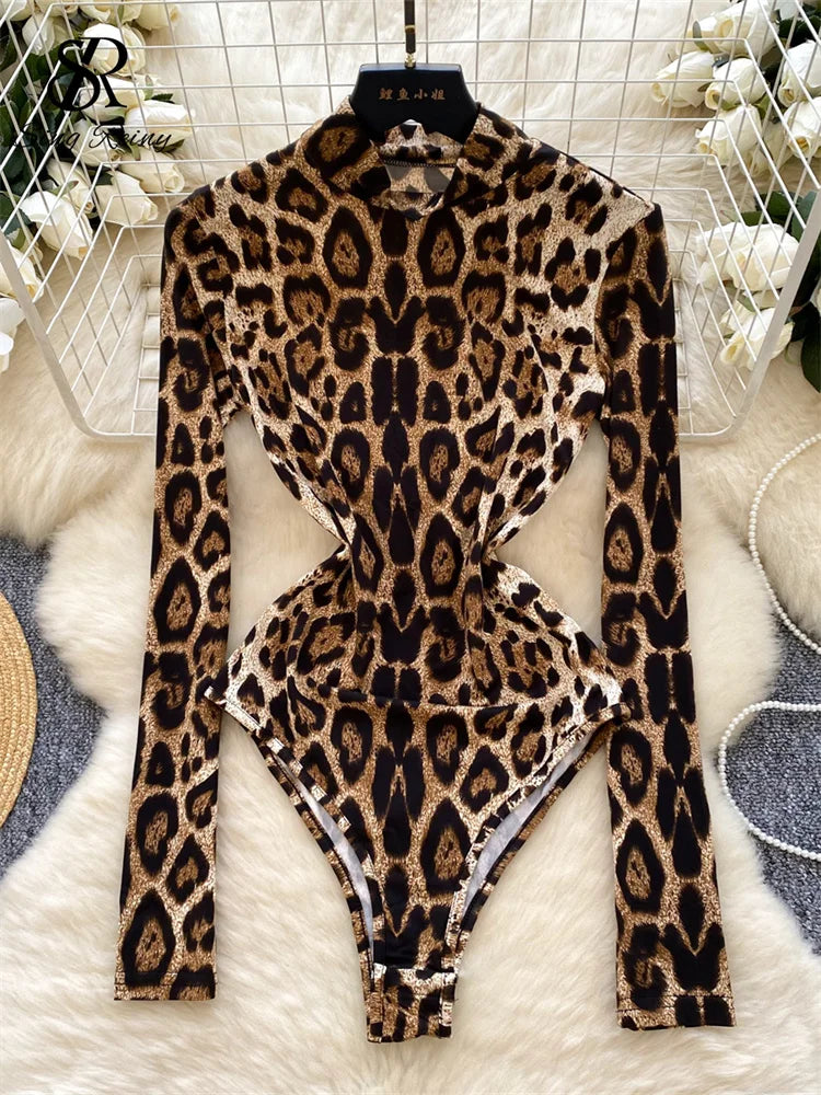 Turtleneck Long Sleeves Leopard Print Chic Design Bodysuits