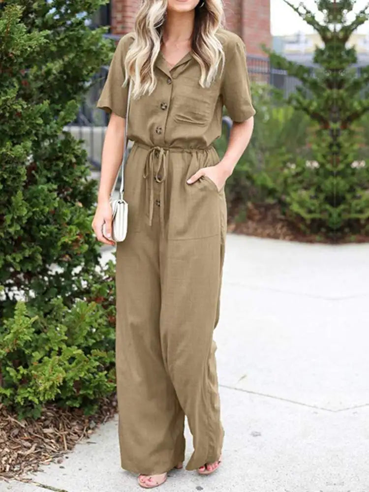 Lapel Neck Short Sleeve Long Jumpsuit