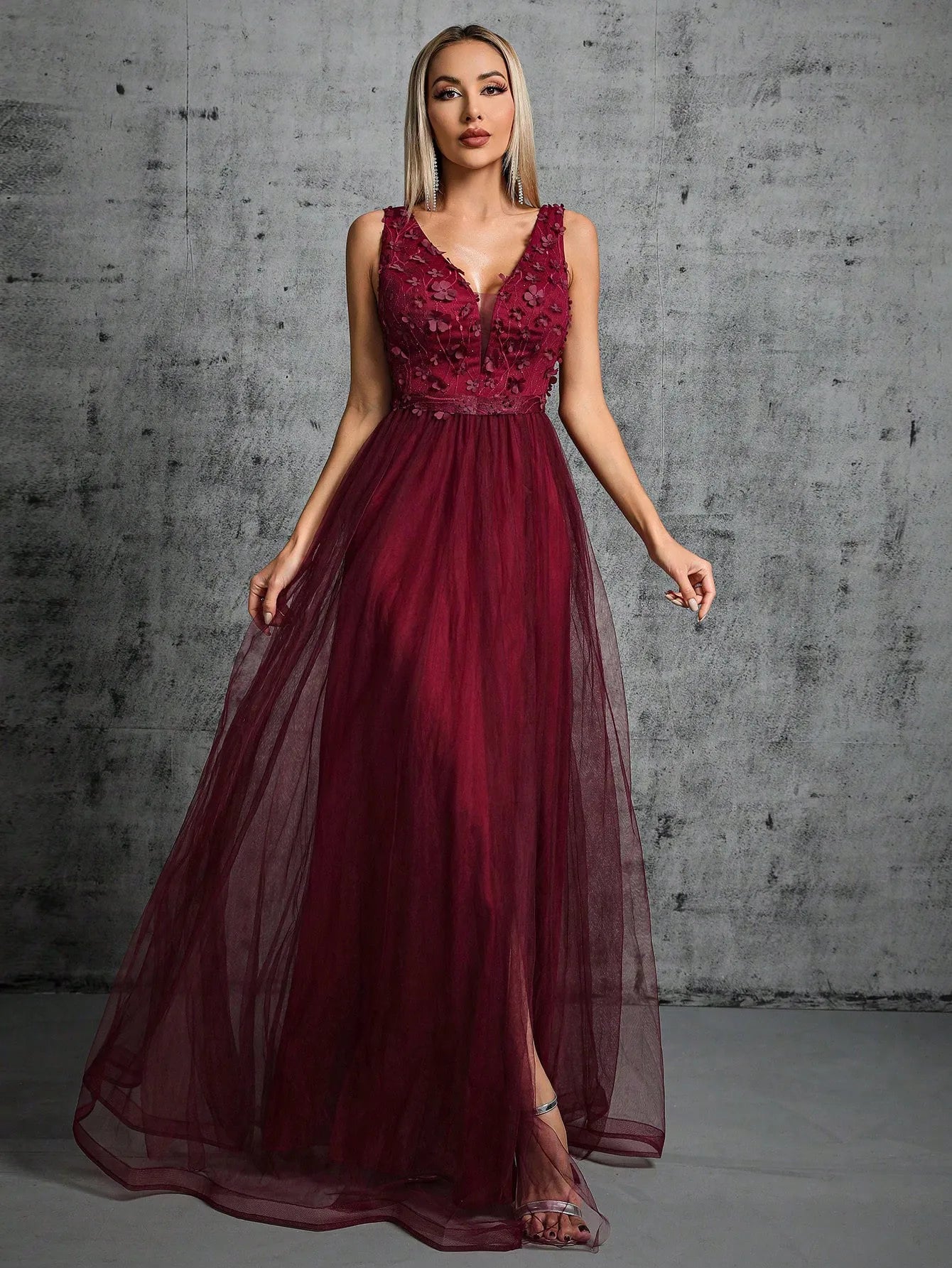 3d sequin embroidered mesh evening gown