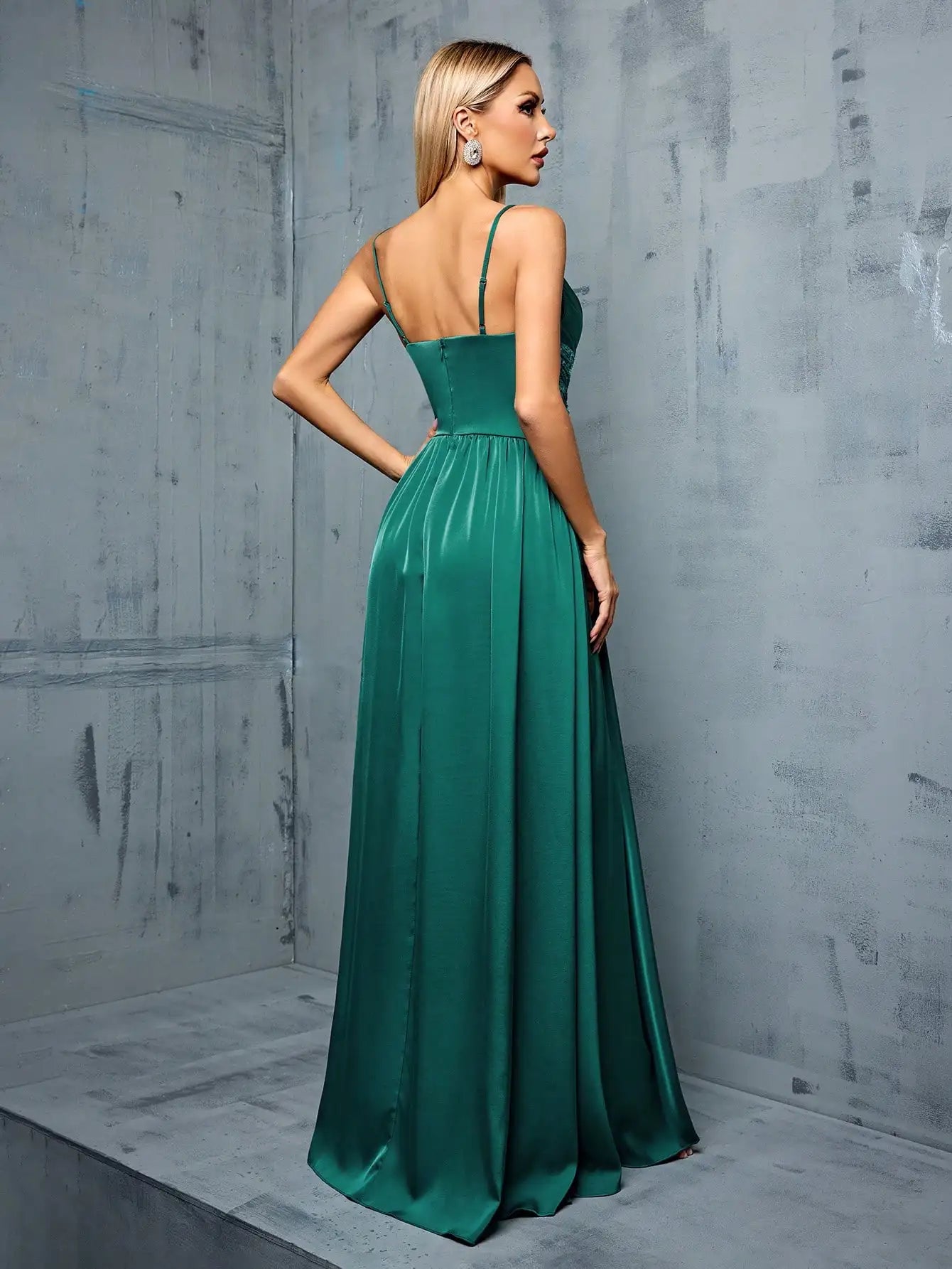 Thin straps Deep V-neck bust pleats cross sequins Evening gown