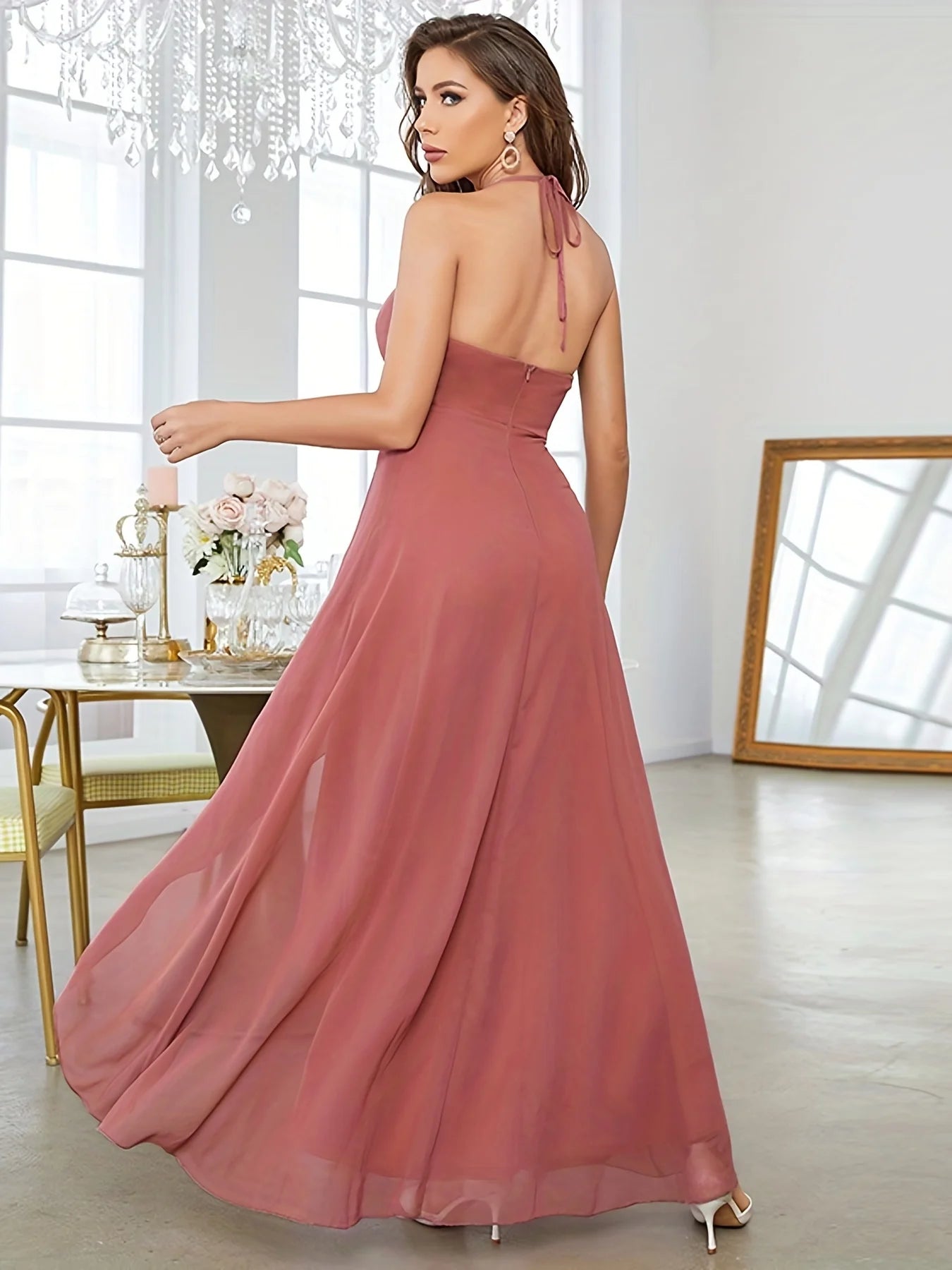 Ruffle Hem V-neck Halter Bridesmaid Dress