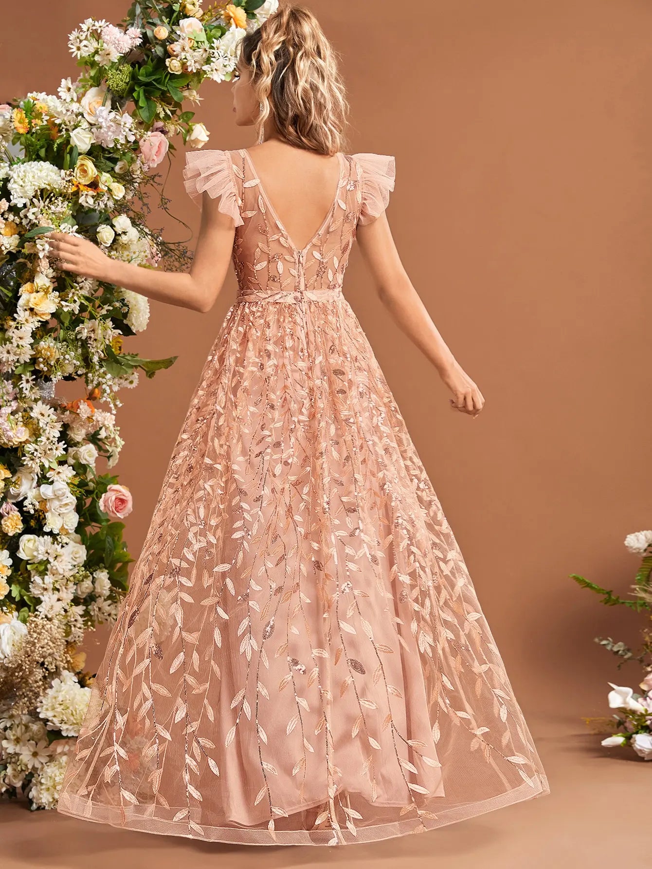 Ruffled sleeves lace mesh gorgeous evening ball dress Party