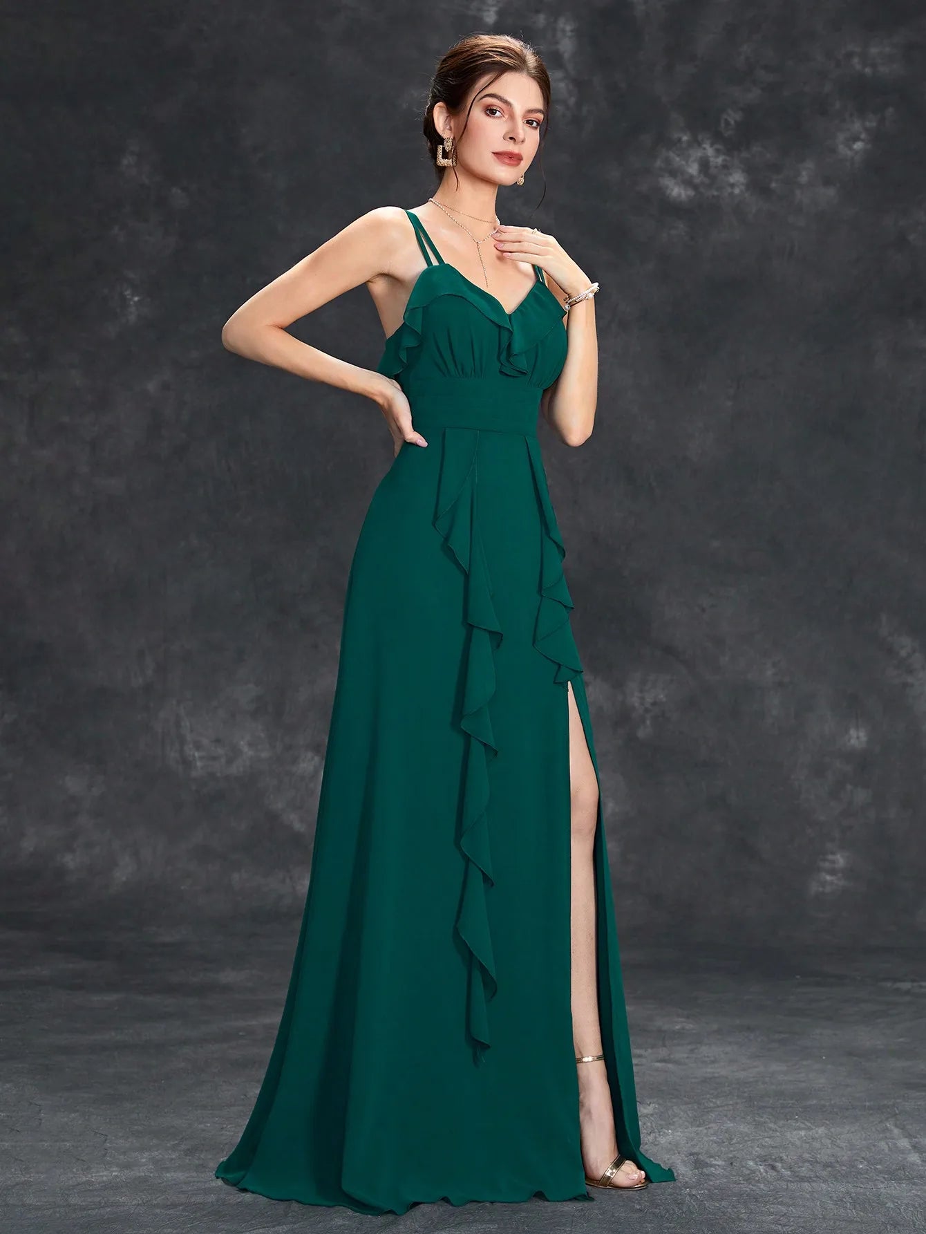 V-neck ruffled waist Evening gown