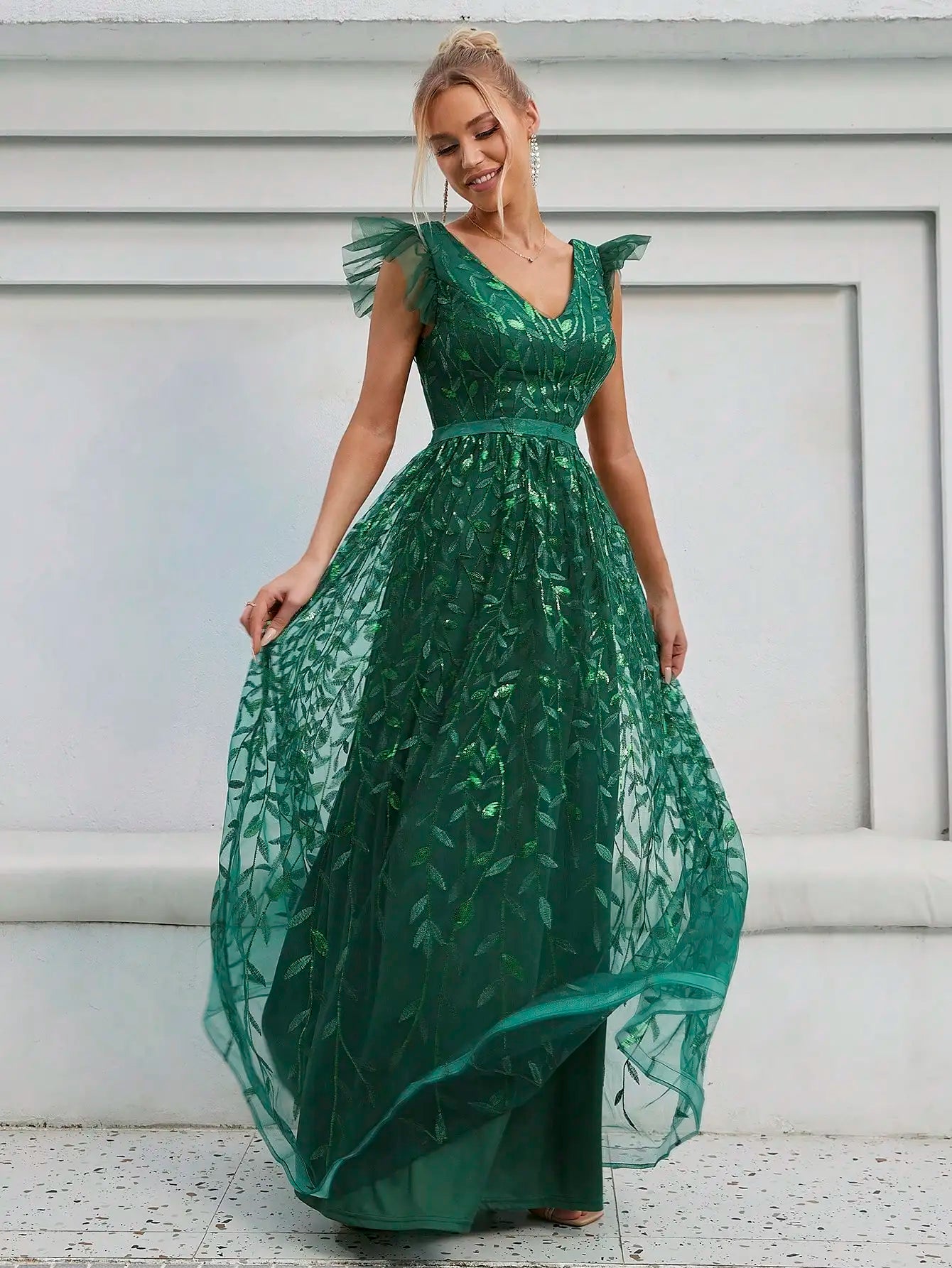 V-neck cap sleeve green swing dress