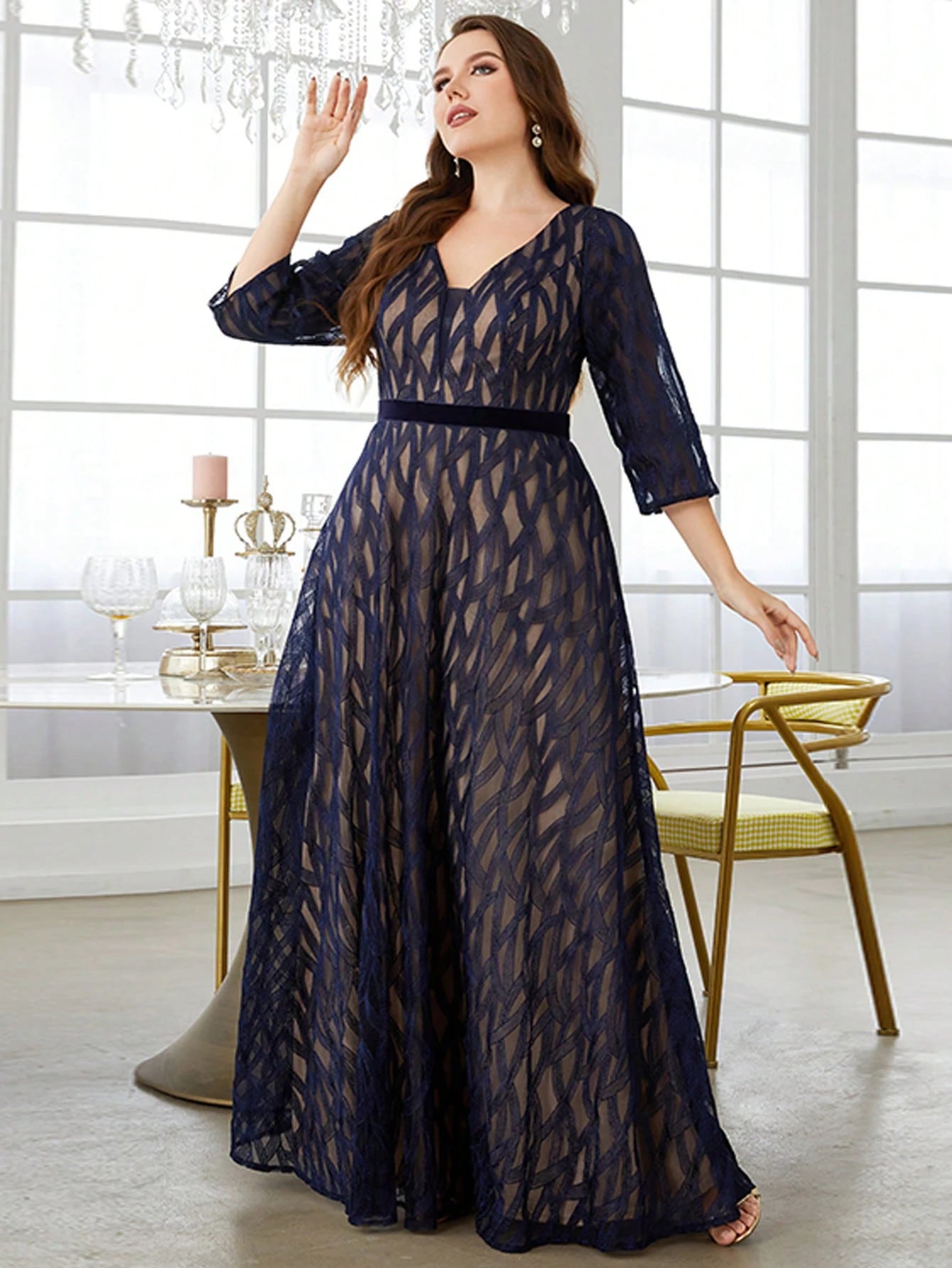 Lace embroidered mid-long sleeve gown Party dress