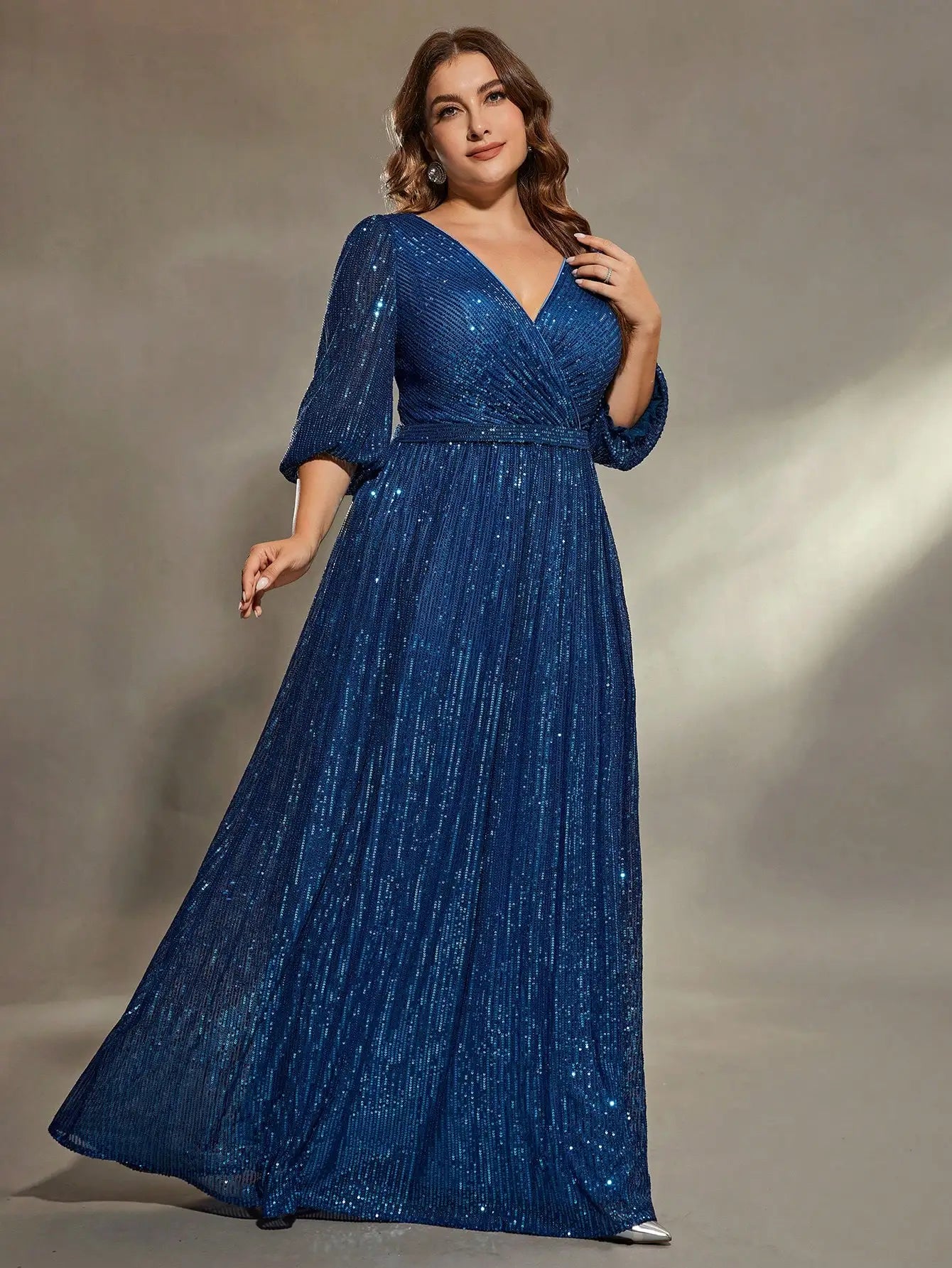 Plus size mid sleeve A-frame sequins Evening gown
