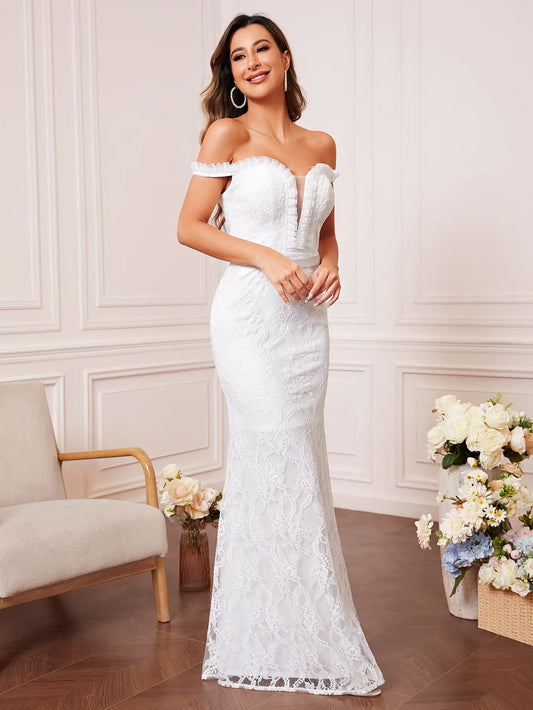 White lace detailing fishtail Evening gown