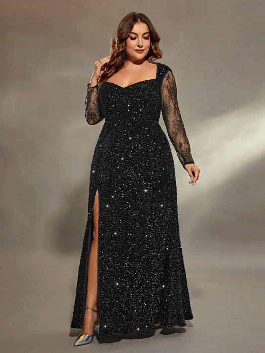 Plus size  Queen neckline slim sequin slit fishtail Dress