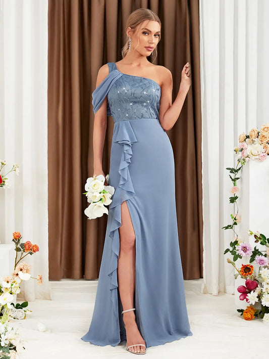 One-shoulder lace sequin Evening Dress