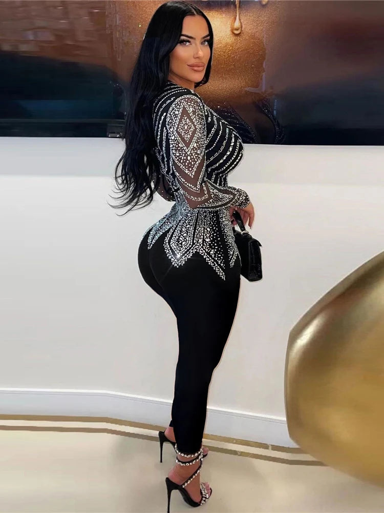 Sparkle Black Rhinestone Long Pants Jumpsuits