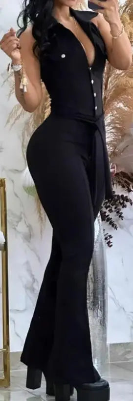Sleeveless Sexy Plain Tied Detail Skinny Long Flared Jumpsuit