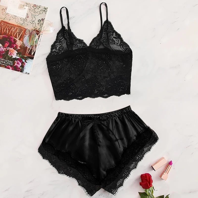 New Sexy Lace See-Through Black Pink Shorts Set