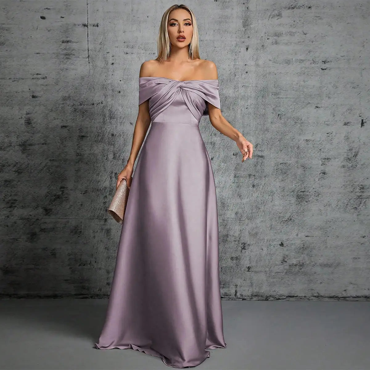Line neck irregular cross pleated satin gown