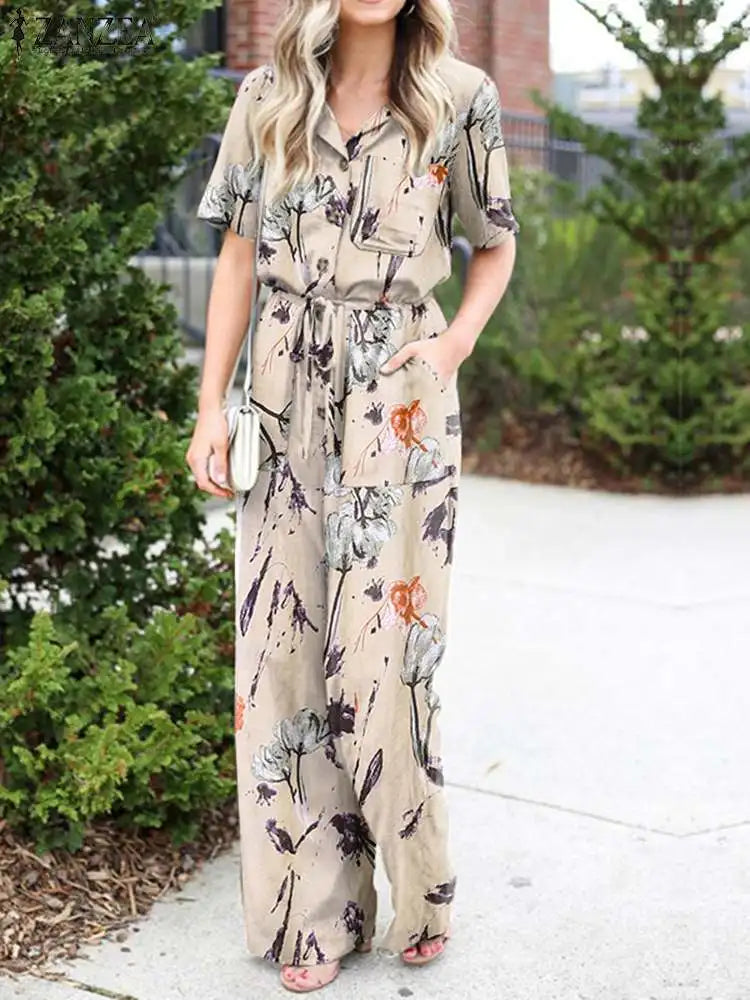 Lapel Neck Short Sleeve Long Jumpsuit