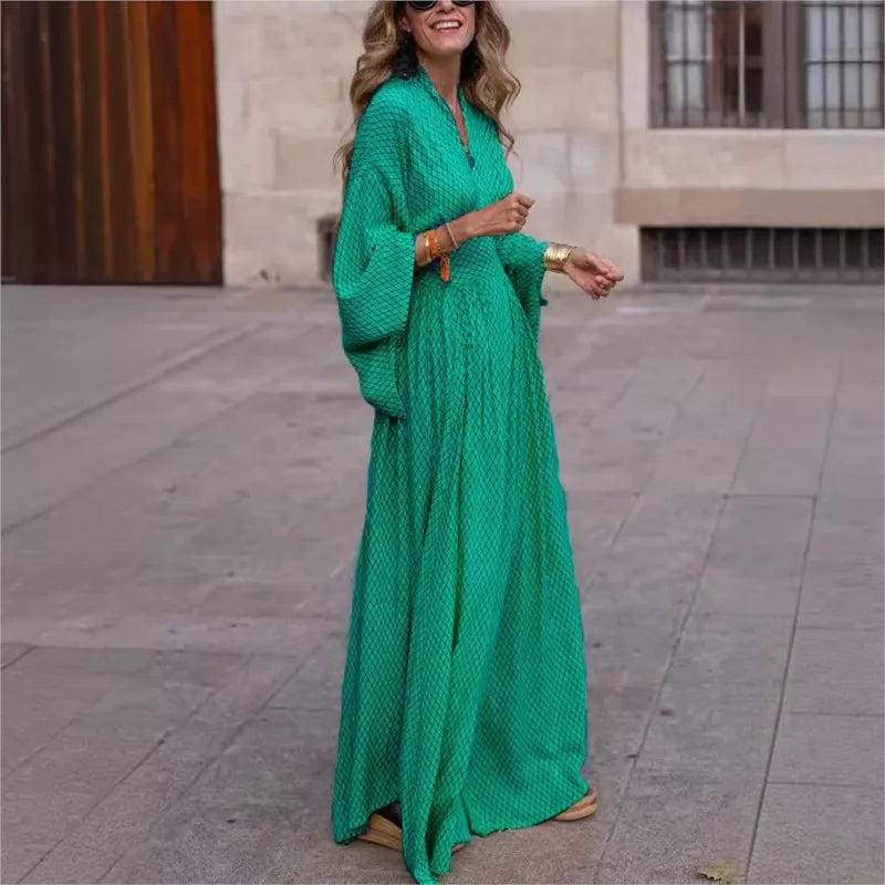 V-neck Folds Waist Loose Maxi Dress