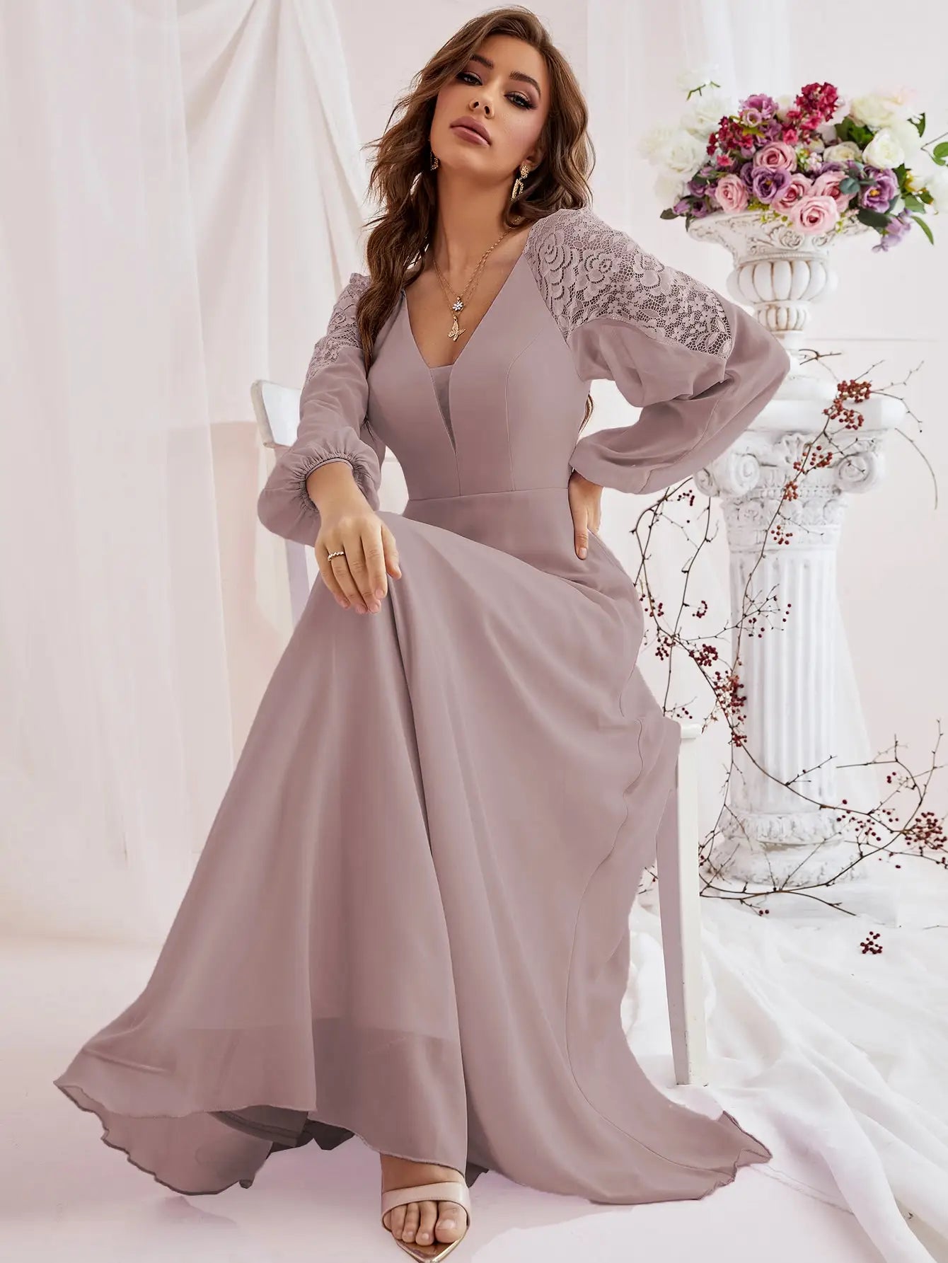 Long lantern sleeve chiffon lace patchwork dress