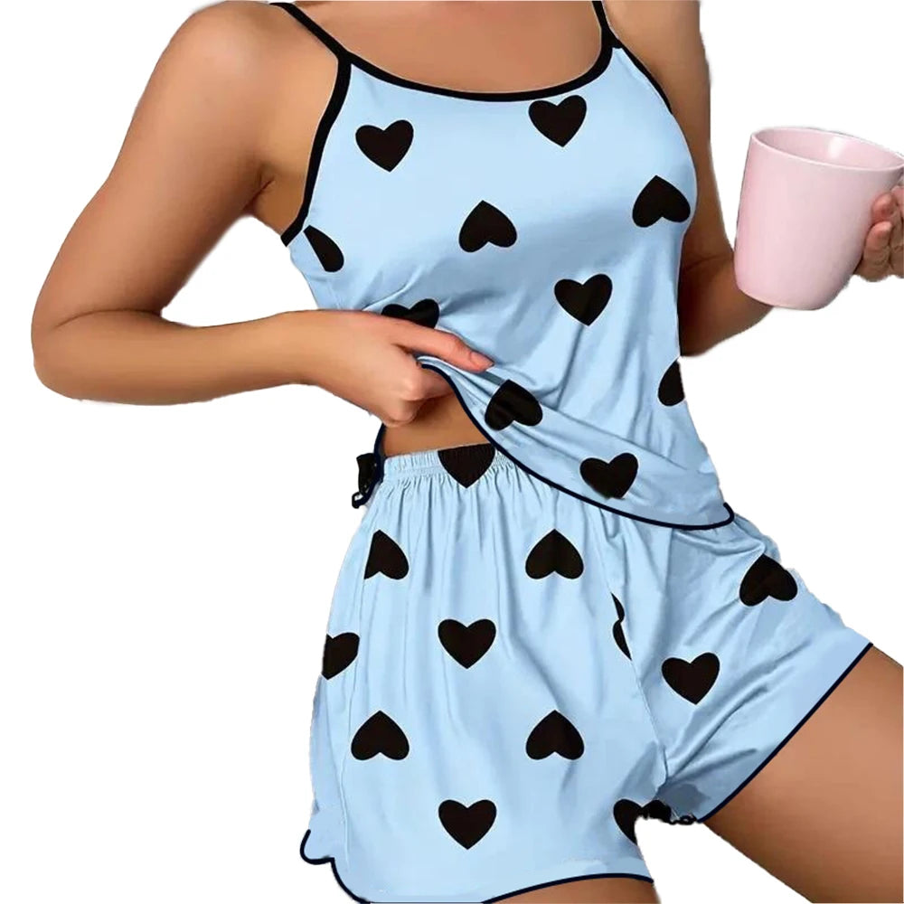 Women's Pajama Set  T-Shirts Shorts Pink Heart-Shaped