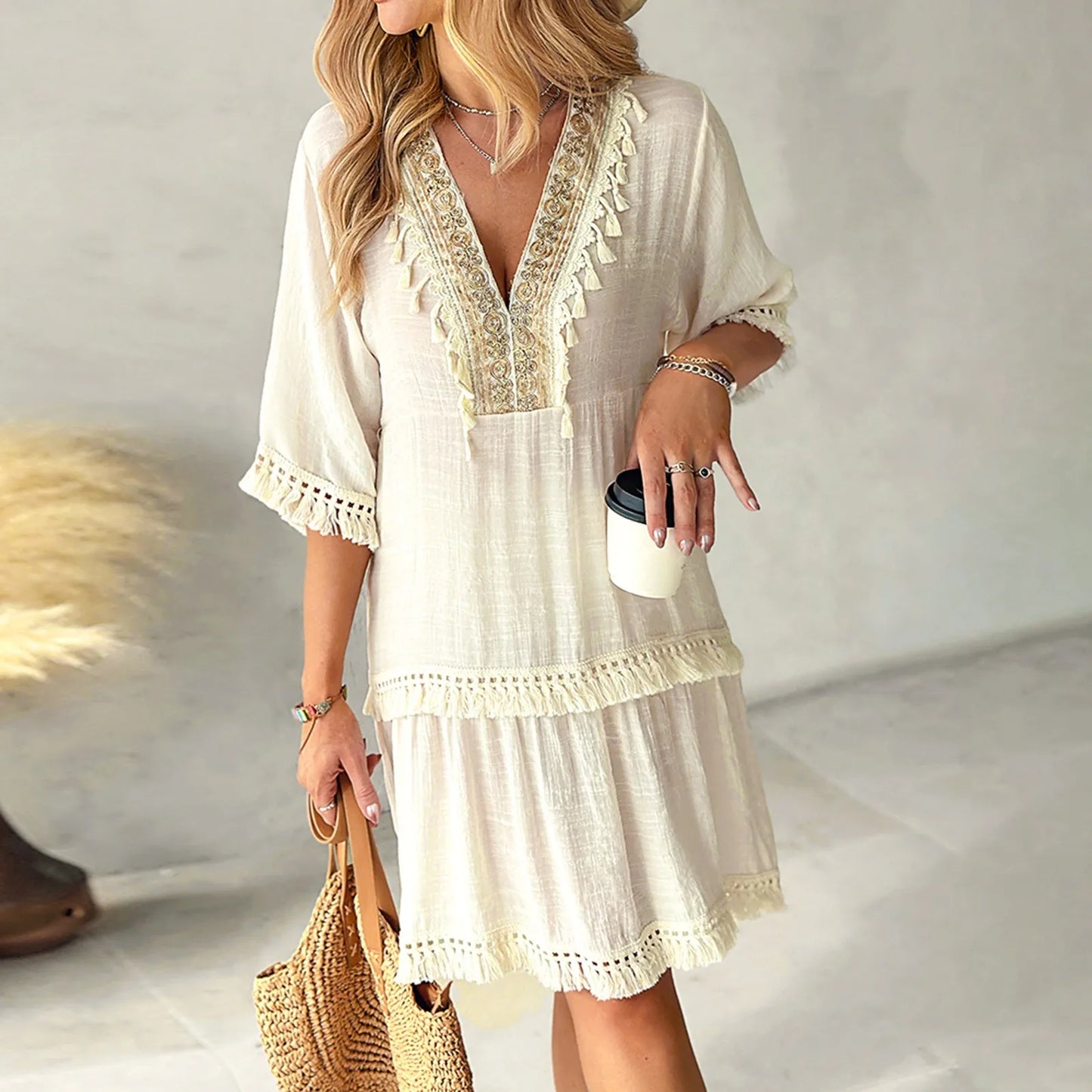 Boho Style Embroidered V Neck Casual Dress