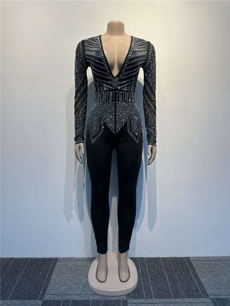 Sparkle Black Rhinestone Long Pants Jumpsuits