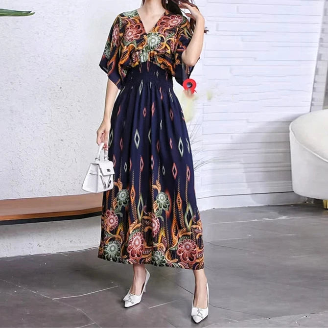 Print Batwing Sleeve Elastic High Waist Dress