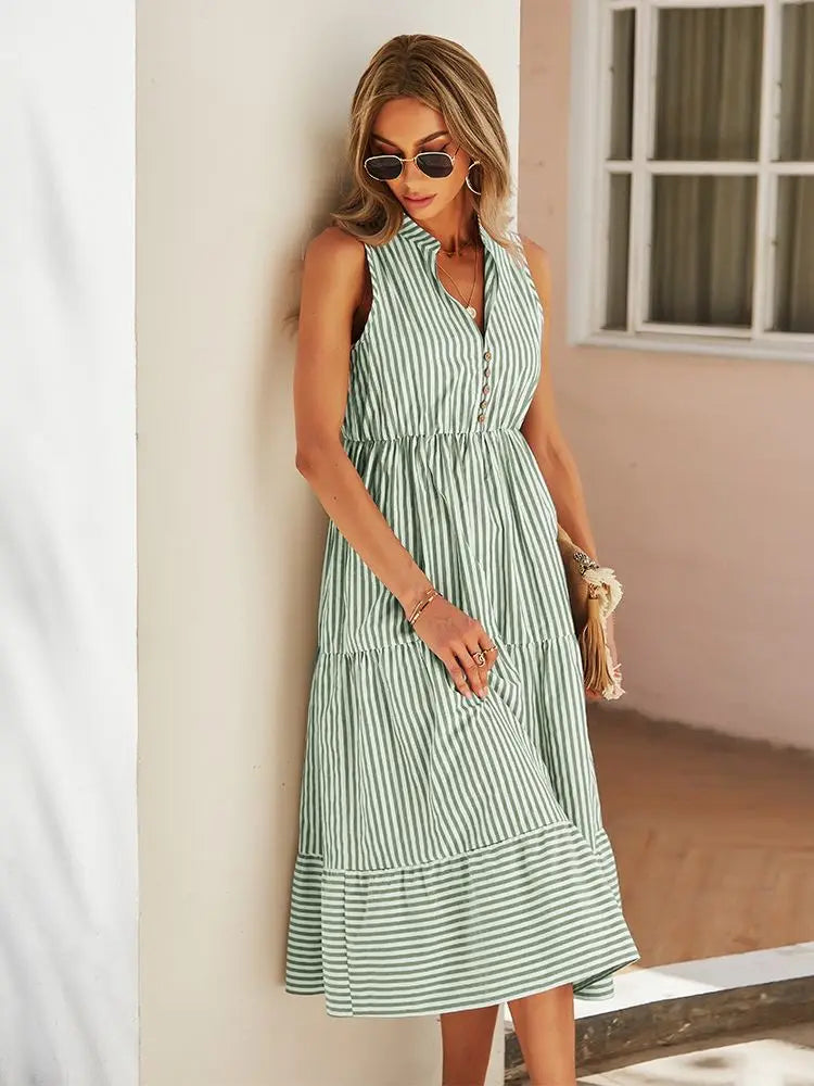 Vintage Boho Summer Striped Shirt Dress