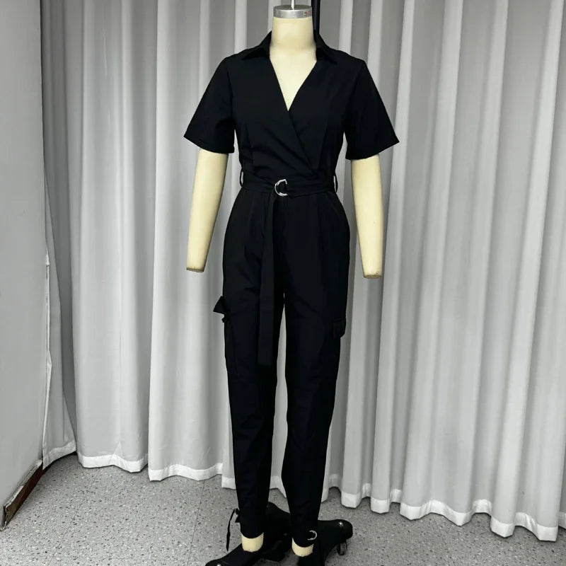 Short Sleeve Lapel With Belt and Pockets Rompers