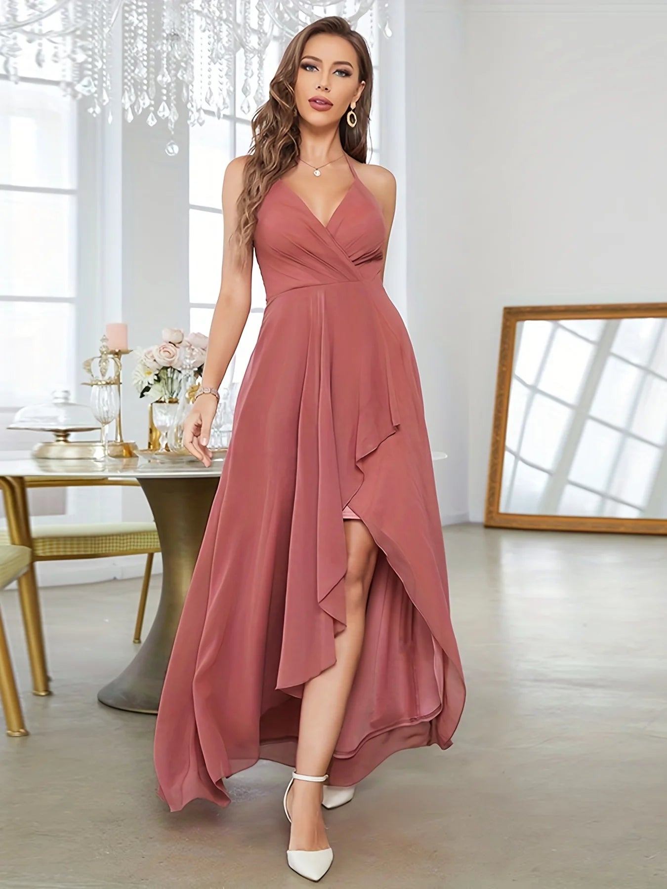 Ruffle Hem V-neck Halter Bridesmaid Dress