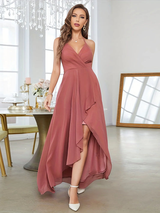 Ruffle Hem V-neck Halter Bridesmaid Dress