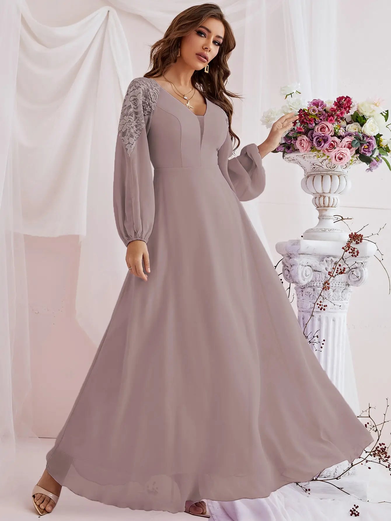 Long lantern sleeve chiffon lace patchwork dress