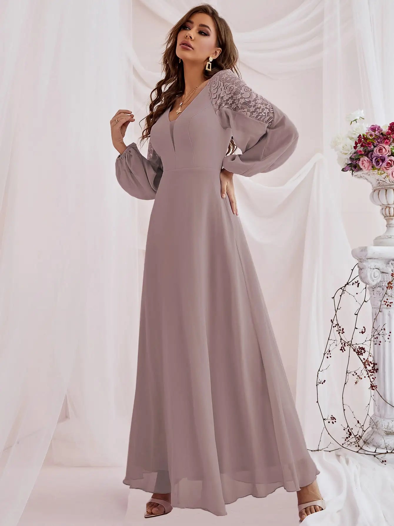 Long lantern sleeve chiffon lace patchwork dress